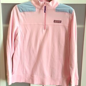 VV pink half zip sweatshirt with seersucker panel